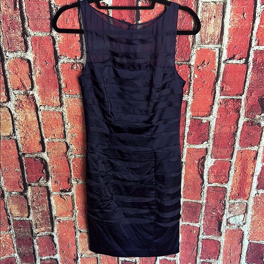 Suzi Chin Navy Pleated Sheer Mesh Dress Size 4